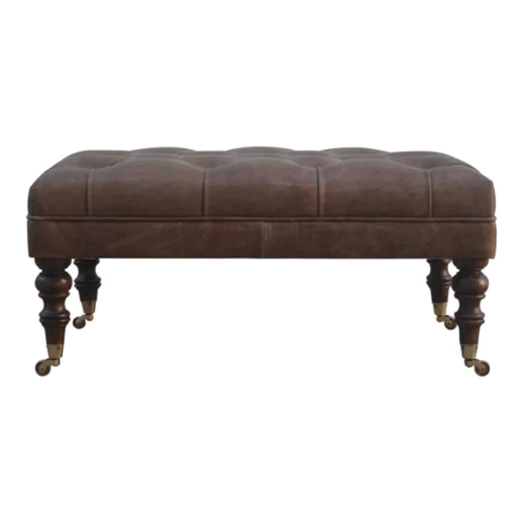 Heritage Buffalo Leather Ottoman | Solid Mango Wood | Deep Buttoned | Walnut Finish