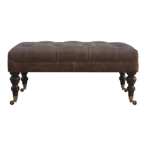 Heritage Buffalo Leather Ottoman | Solid Mango Wood | Deep Buttoned | Walnut Finish