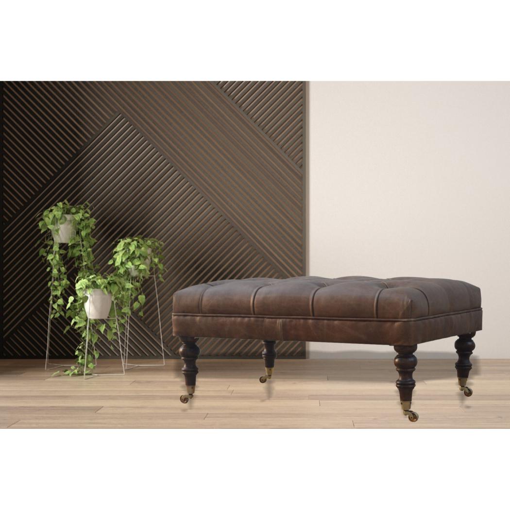 Heritage Buffalo Leather Ottoman | Solid Mango Wood | Deep Buttoned | Walnut Finish