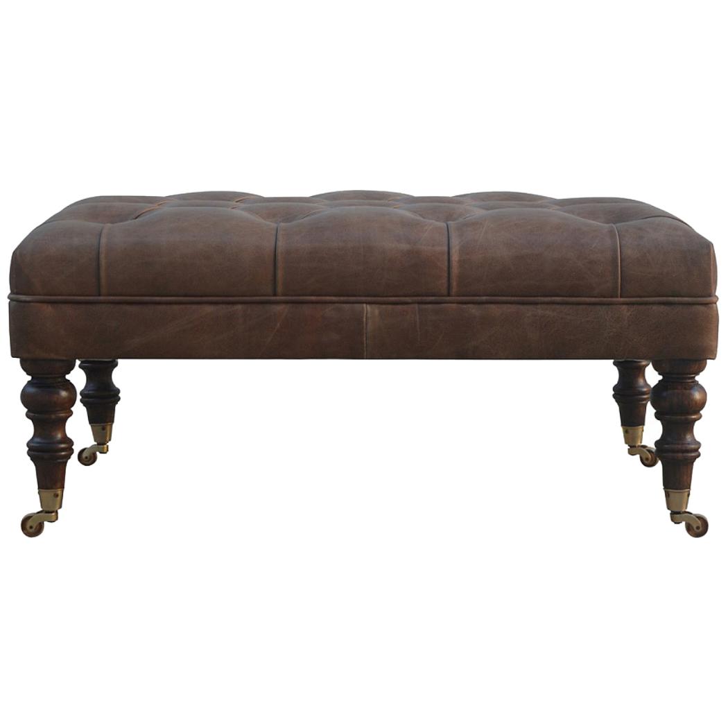 Heritage Buffalo Leather Ottoman | Solid Mango Wood | Deep Buttoned | Walnut Finish