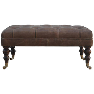 Heritage Buffalo Leather Ottoman | Solid Mango Wood | Deep Buttoned | Walnut Finish