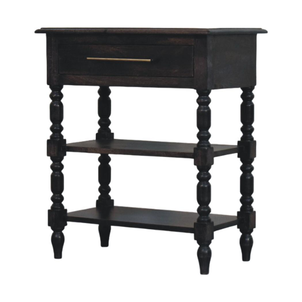 Heritage Turned-Leg Side Table | Solid Mango Wood | Carbon Ash Finish | 1 Drawer Accent Table