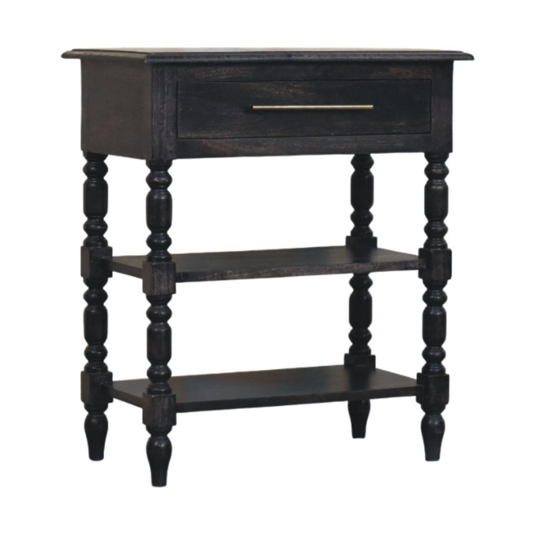 Heritage Turned-Leg Side Table | Solid Mango Wood | Carbon Ash Finish | 1 Drawer Accent Table