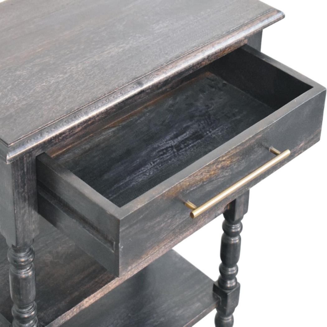 Heritage Turned-Leg Side Table | Solid Mango Wood | Carbon Ash Finish | 1 Drawer Accent Table