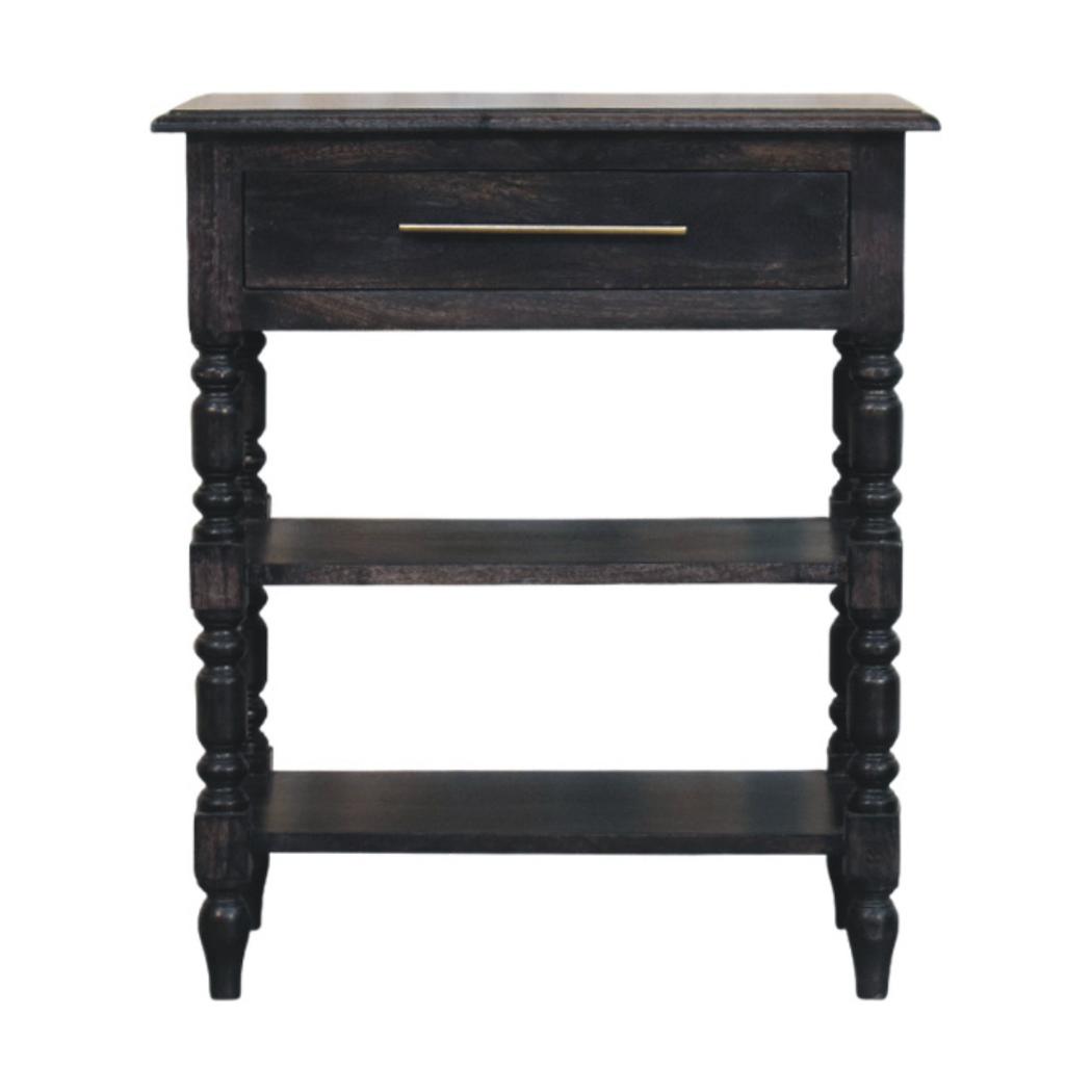 Heritage Turned-Leg Side Table | Solid Mango Wood | Carbon Ash Finish | 1 Drawer Accent Table