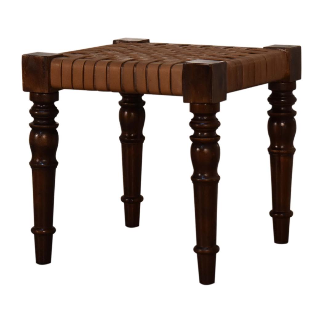 Heritage Woven Leather Footstool | Solid Mango Wood | Chestnut Finish | Turned Legs