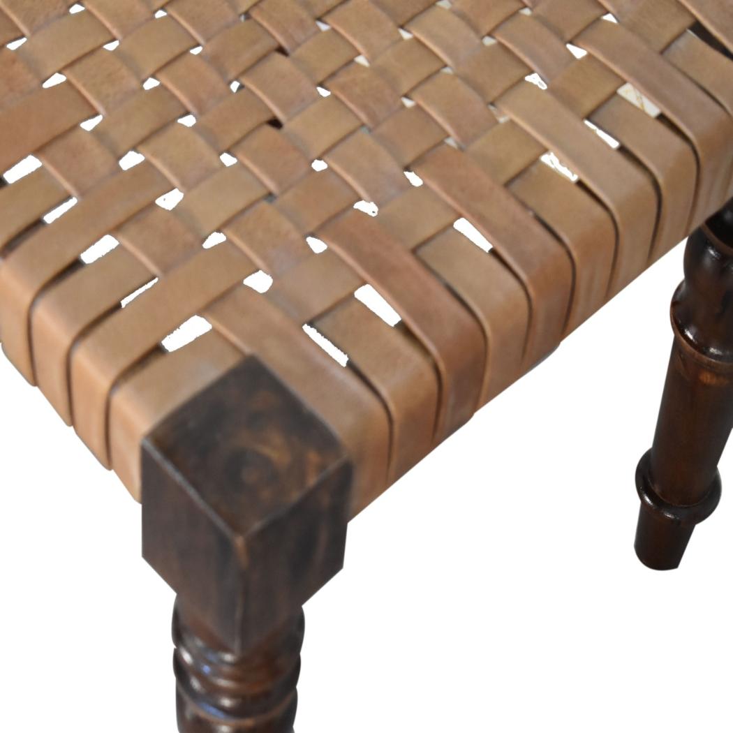 Heritage Woven Leather Footstool | Solid Mango Wood | Chestnut Finish | Turned Legs