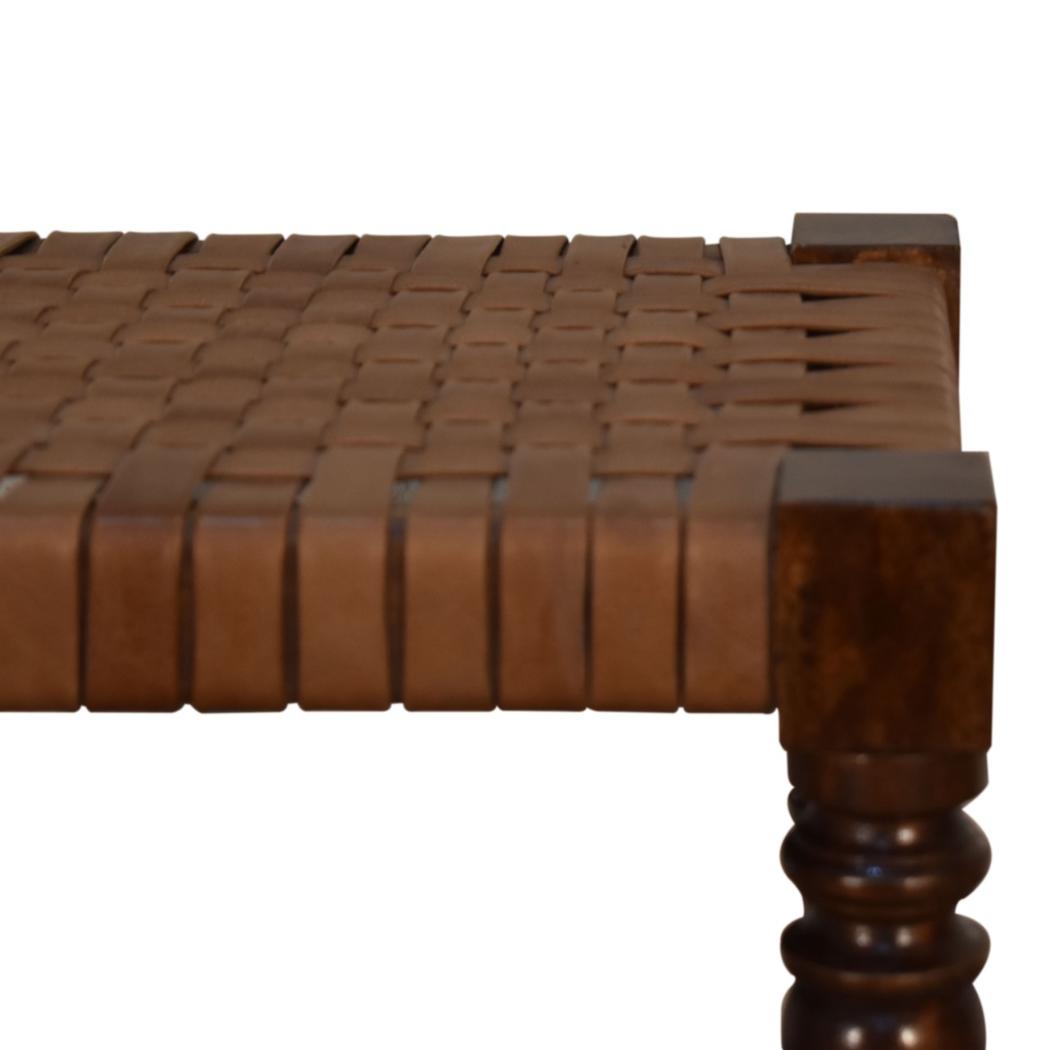 Heritage Woven Leather Footstool | Solid Mango Wood | Chestnut Finish | Turned Legs