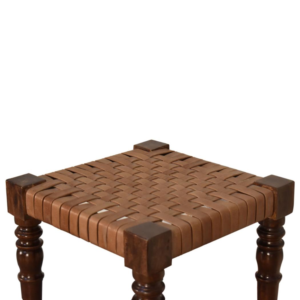 Heritage Woven Leather Footstool | Solid Mango Wood | Chestnut Finish | Turned Legs