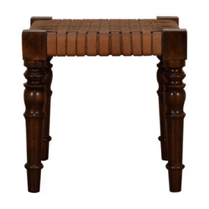 Heritage Woven Leather Footstool | Solid Mango Wood | Chestnut Finish | Turned Legs