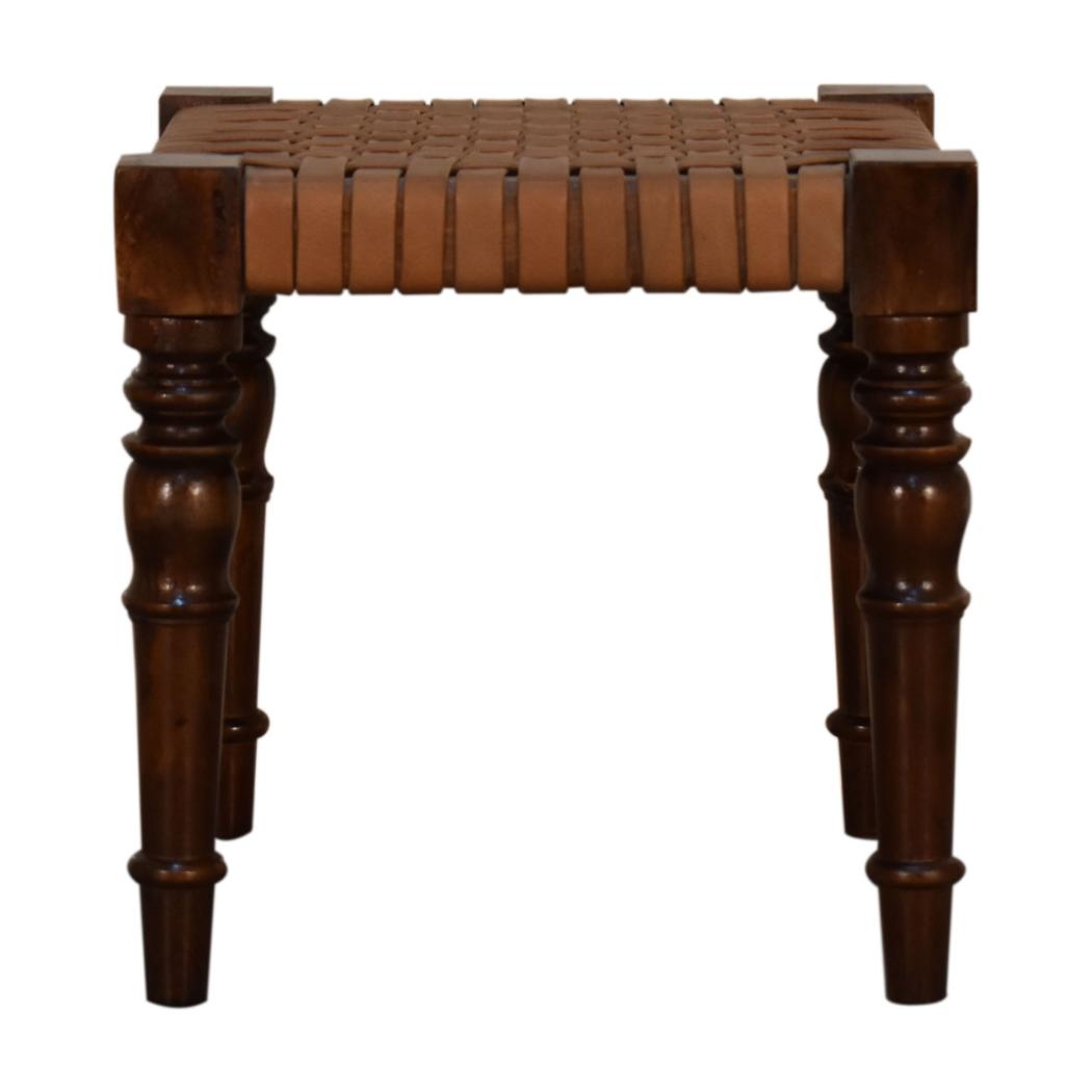 Heritage Woven Leather Footstool | Solid Mango Wood | Chestnut Finish | Turned Legs