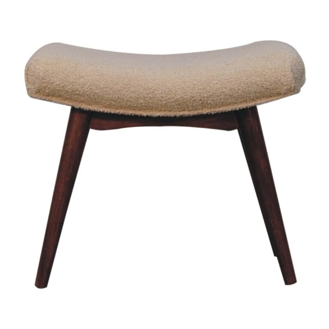 Honey Caramel Curved Bench | Solid Mango Wood | Cream Bouclé Upholstered Accent Bench