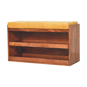 Honey Caramel Shoe Storage Bench | Solid Mango Wood | Buffalo Hide Leather Seat | Pull-Out Shoe Cabinet