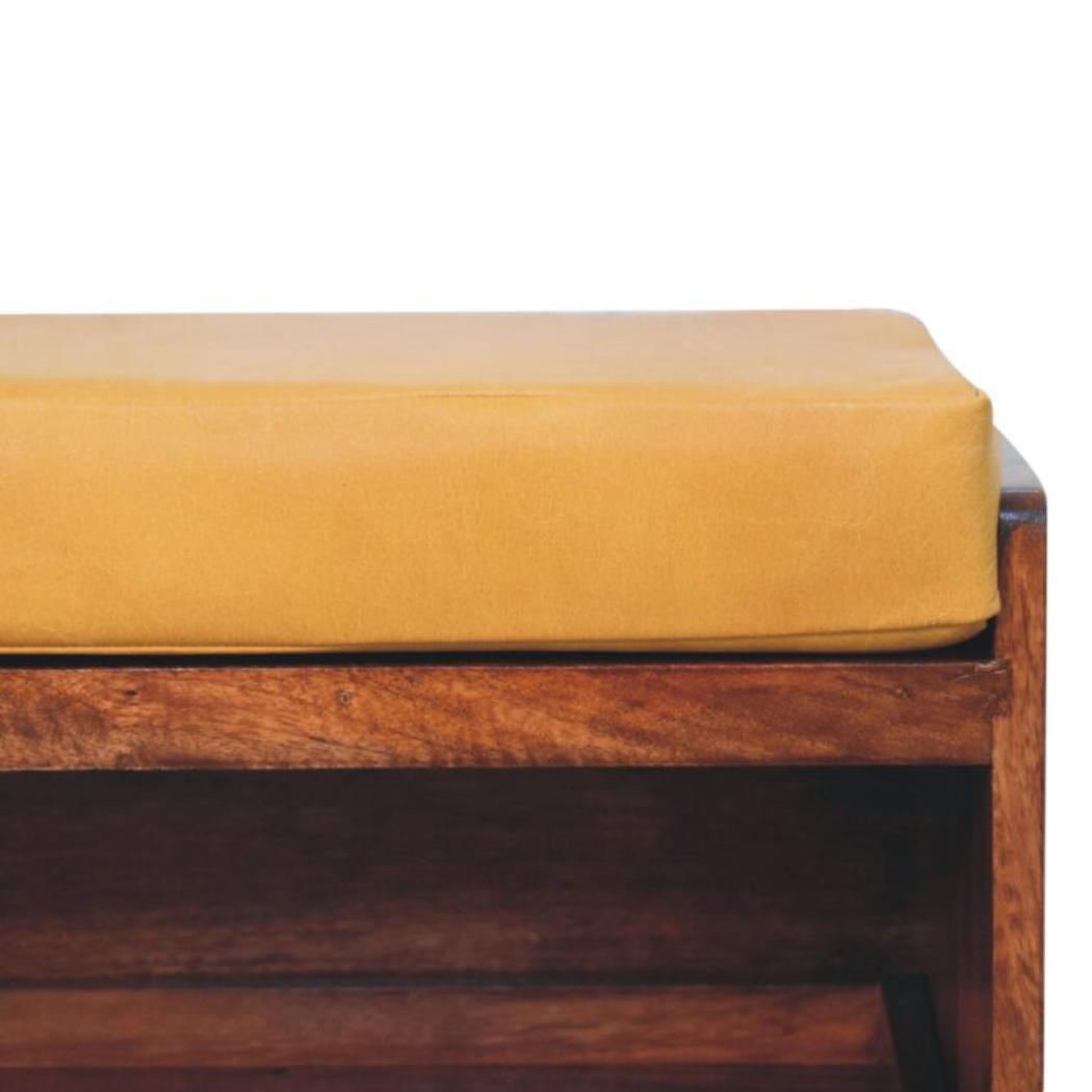 Honey Caramel Shoe Storage Bench | Solid Mango Wood | Buffalo Hide Leather Seat | Pull-Out Shoe Cabinet