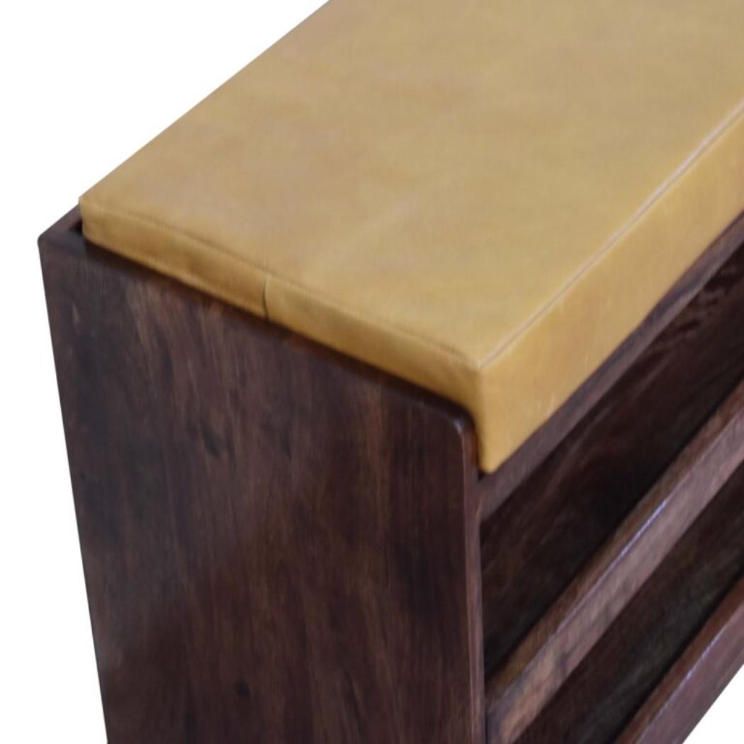 Honey Caramel Shoe Storage Bench | Solid Mango Wood | Buffalo Hide Leather Seat | Pull-Out Shoe Cabinet