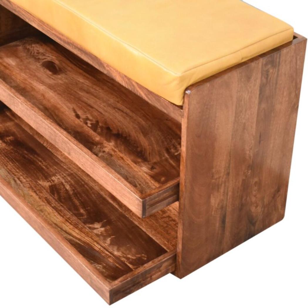 Honey Caramel Shoe Storage Bench | Solid Mango Wood | Buffalo Hide Leather Seat | Pull-Out Shoe Cabinet