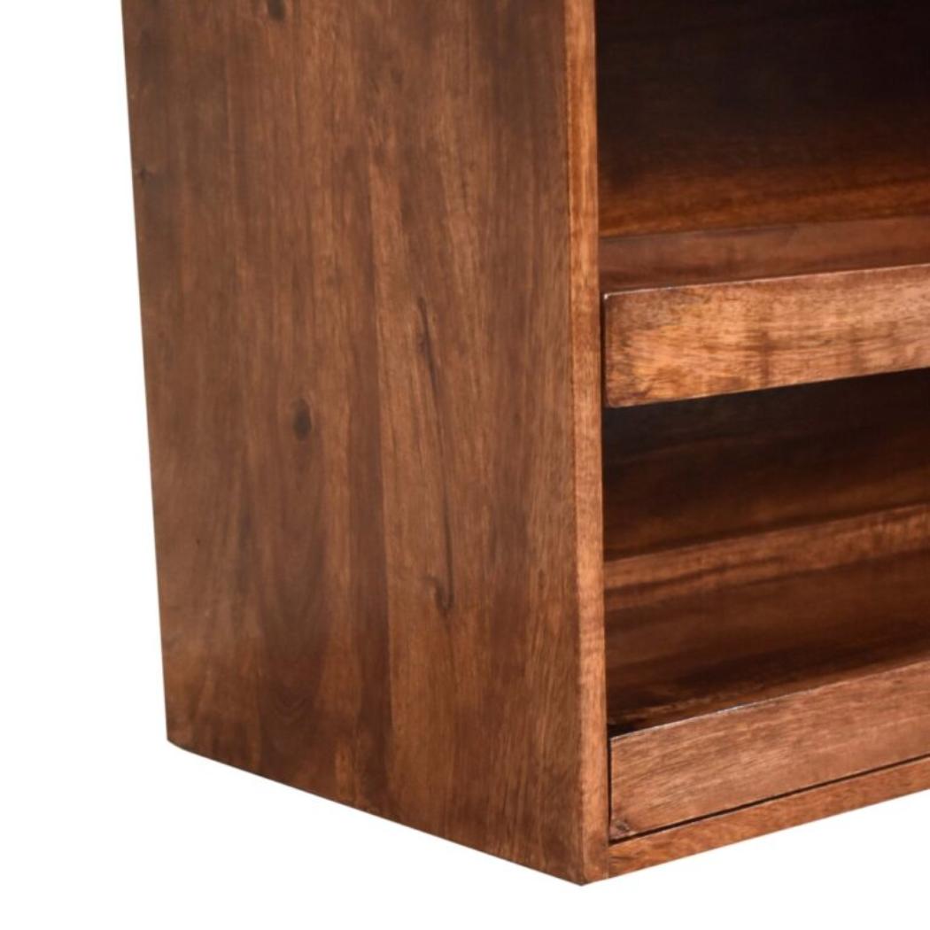 Honey Caramel Shoe Storage Bench | Solid Mango Wood | Buffalo Hide Leather Seat | Pull-Out Shoe Cabinet