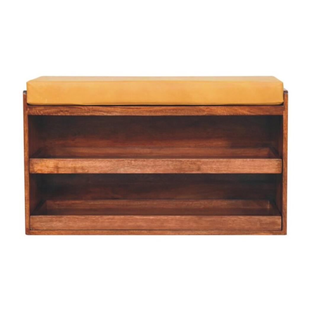 Honey Caramel Shoe Storage Bench | Solid Mango Wood | Buffalo Hide Leather Seat | Pull-Out Shoe Cabinet