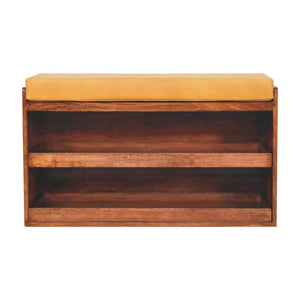 Honey Caramel Shoe Storage Bench | Solid Mango Wood | Buffalo Hide Leather Seat | Pull-Out Shoe Cabinet
