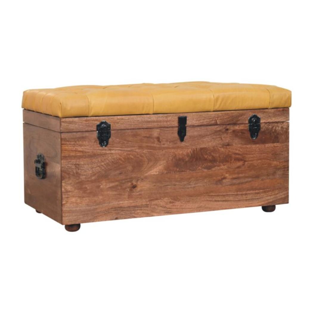 Honey Caramel Storage Trunk | Solid Mango Wood | Buffalo Hide Leather Upholstered Storage Chest