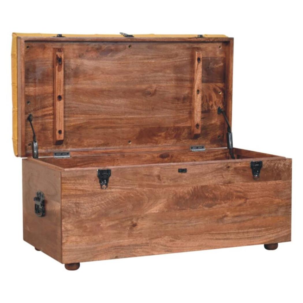Honey Caramel Storage Trunk | Solid Mango Wood | Buffalo Hide Leather Upholstered Storage Chest