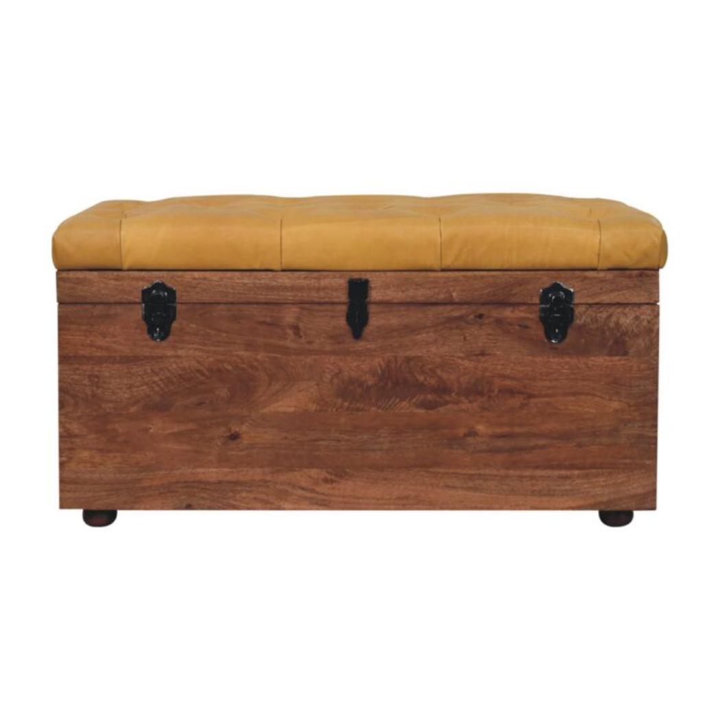 Honey Caramel Storage Trunk | Solid Mango Wood | Buffalo Hide Leather Upholstered Storage Chest