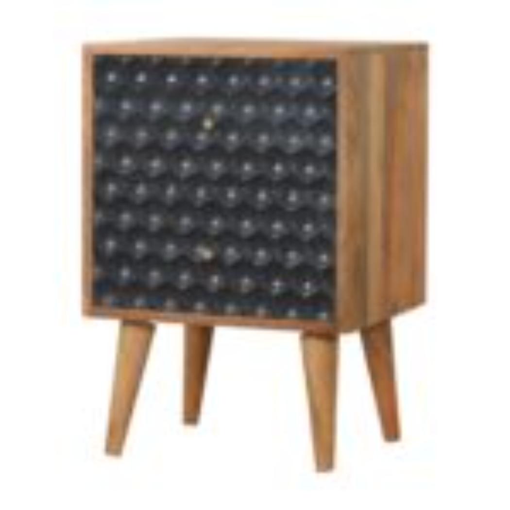 Honeycomb Bedside Table | Solid Mango Wood | Navy Blue Finish | Compact Storage