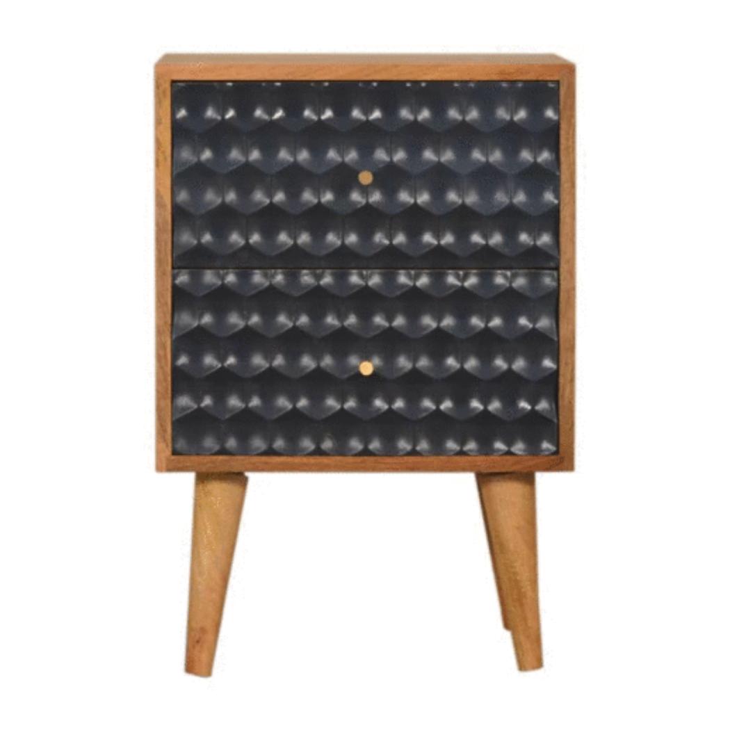 Honeycomb Bedside Table | Solid Mango Wood | Navy Blue Finish | Compact Storage