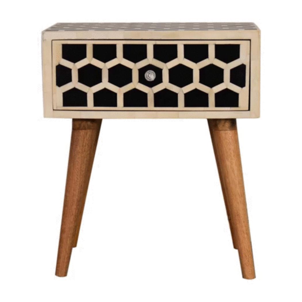 Honeycomb Bone Inlay Bedside Table | Solid Mango Wood | Black & Ivory Finish | 1 Drawer