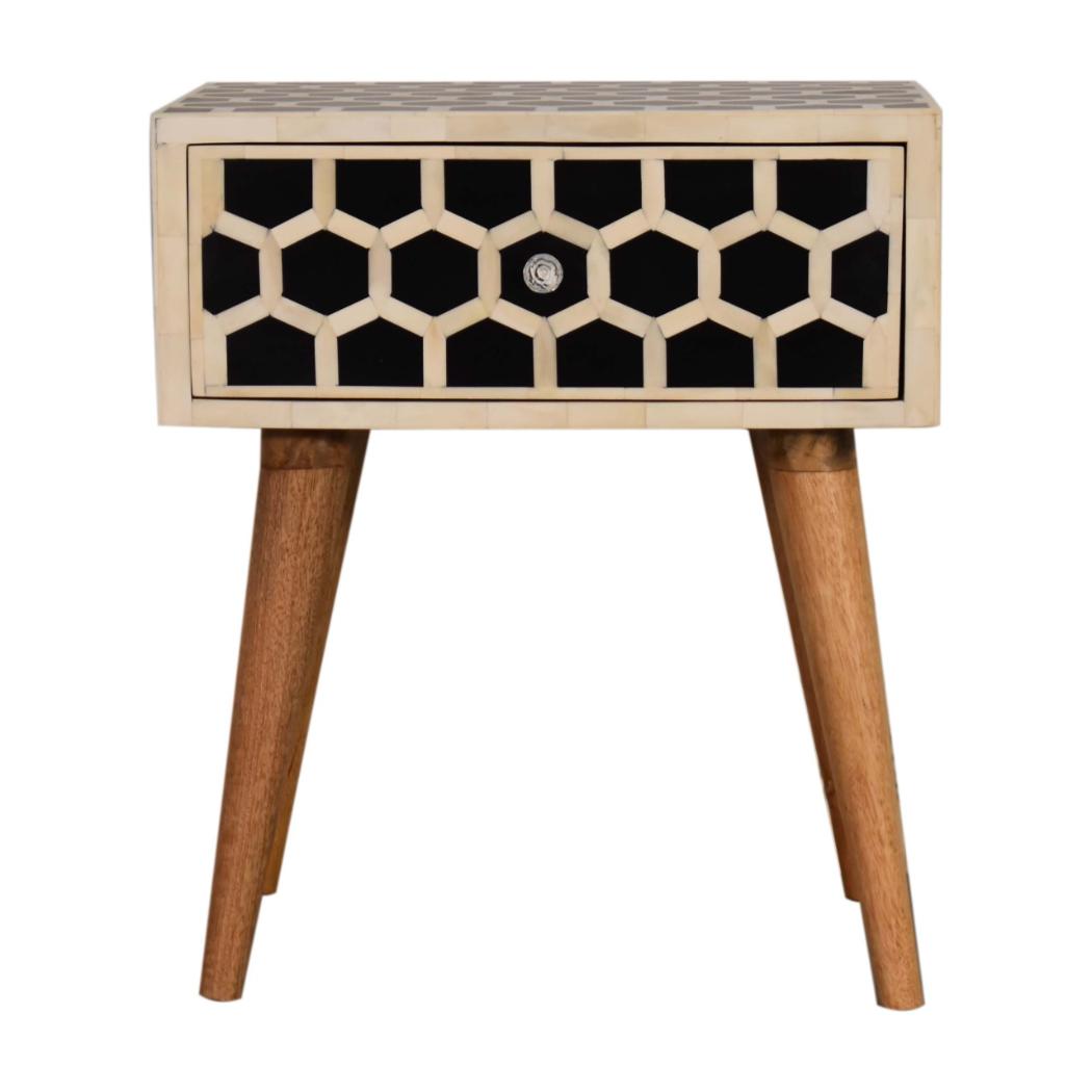 Honeycomb Bone Inlay Bedside Table | Solid Mango Wood | Black & Ivory Finish | 1 Drawer