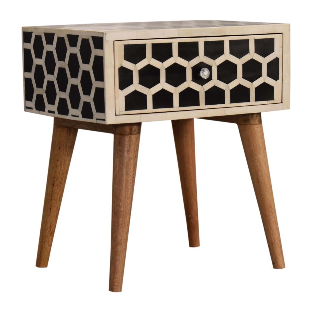 Honeycomb Bone Inlay Bedside Table | Solid Mango Wood | Black & Ivory Finish | 1 Drawer