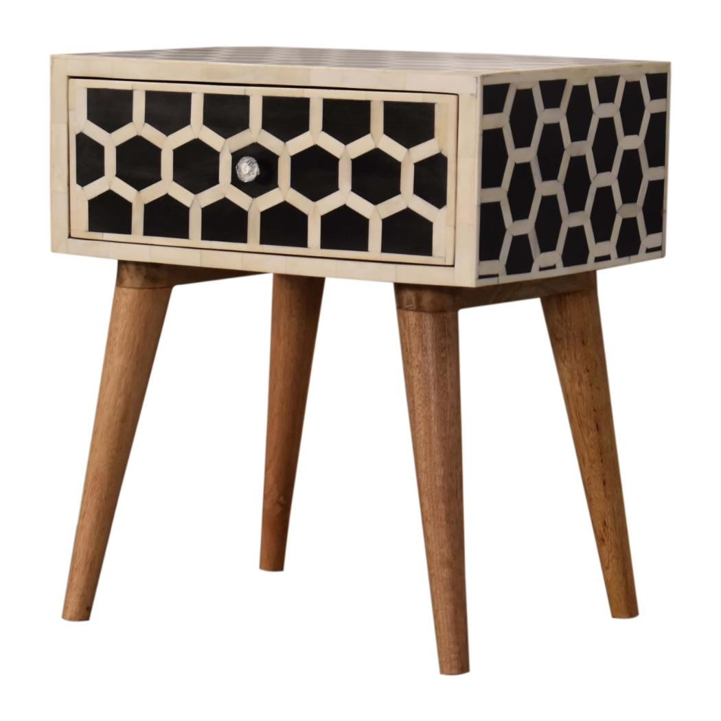 Honeycomb Bone Inlay Bedside Table | Solid Mango Wood | Black & Ivory Finish | 1 Drawer