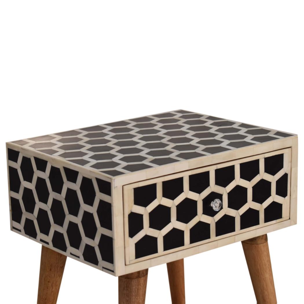 Honeycomb Bone Inlay Bedside Table | Solid Mango Wood | Black & Ivory Finish | 1 Drawer