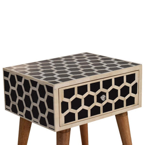 Honeycomb Bone Inlay Bedside Table | Solid Mango Wood | Black & Ivory Finish | 1 Drawer