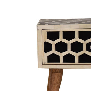 Honeycomb Bone Inlay Bedside Table | Solid Mango Wood | Black & Ivory Finish | 1 Drawer