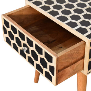 Honeycomb Bone Inlay Bedside Table | Solid Mango Wood | Black & Ivory Finish | 1 Drawer