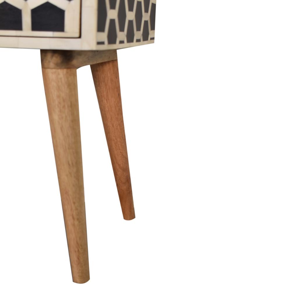 Honeycomb Bone Inlay Bedside Table | Solid Mango Wood | Black & Ivory Finish | 1 Drawer