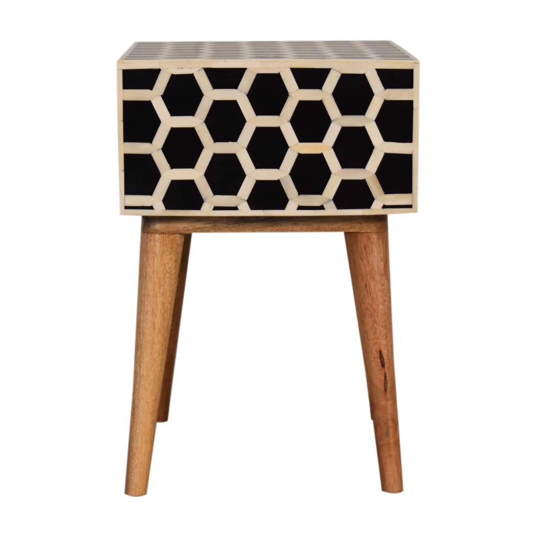 Honeycomb Bone Inlay Bedside Table | Solid Mango Wood | Black & Ivory Finish | 1 Drawer
