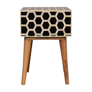 Honeycomb Bone Inlay Bedside Table | Solid Mango Wood | Black & Ivory Finish | 1 Drawer