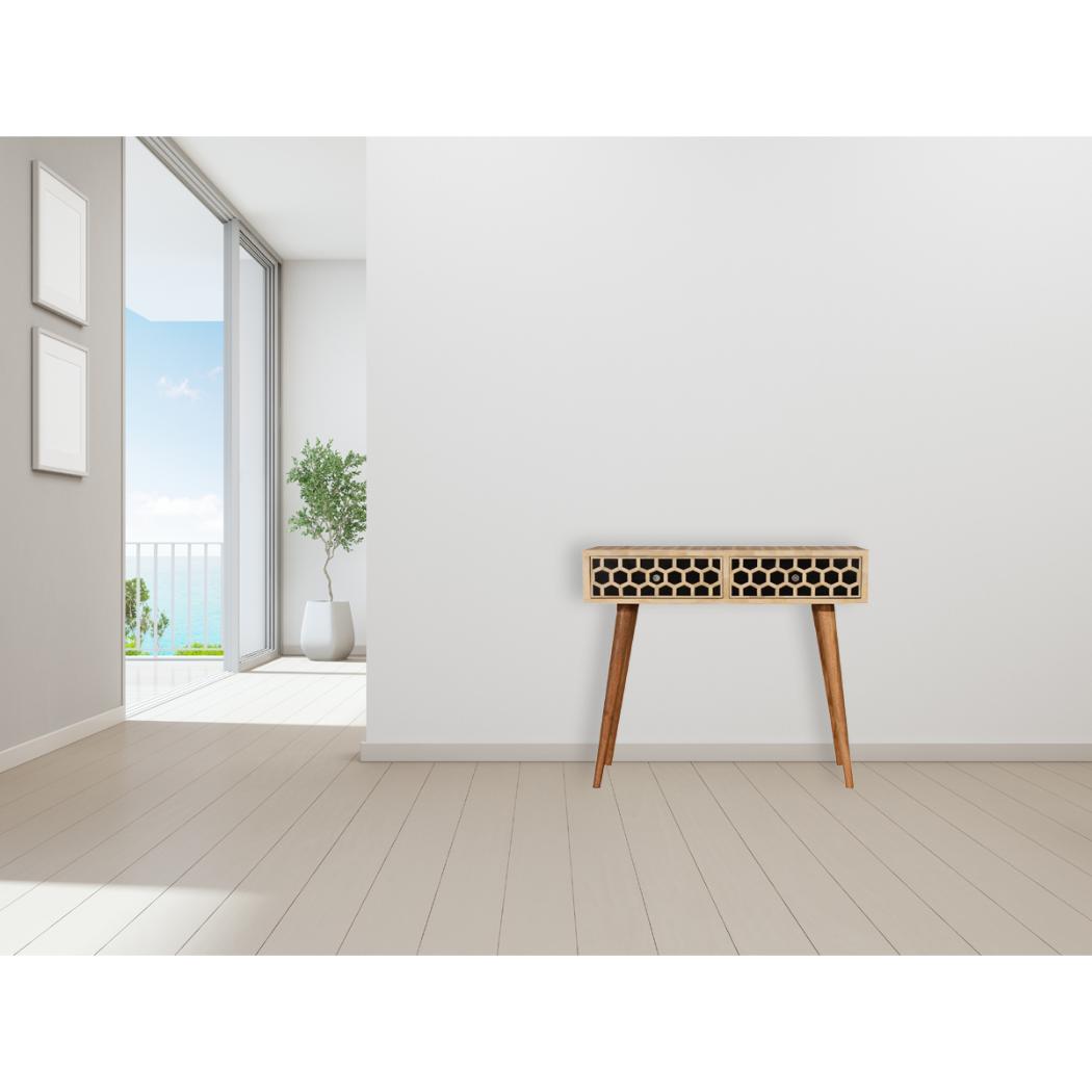 Honeycomb Bone Inlay Console Table | Solid Mango Wood | Black & Ivory Finish | 2 Drawers