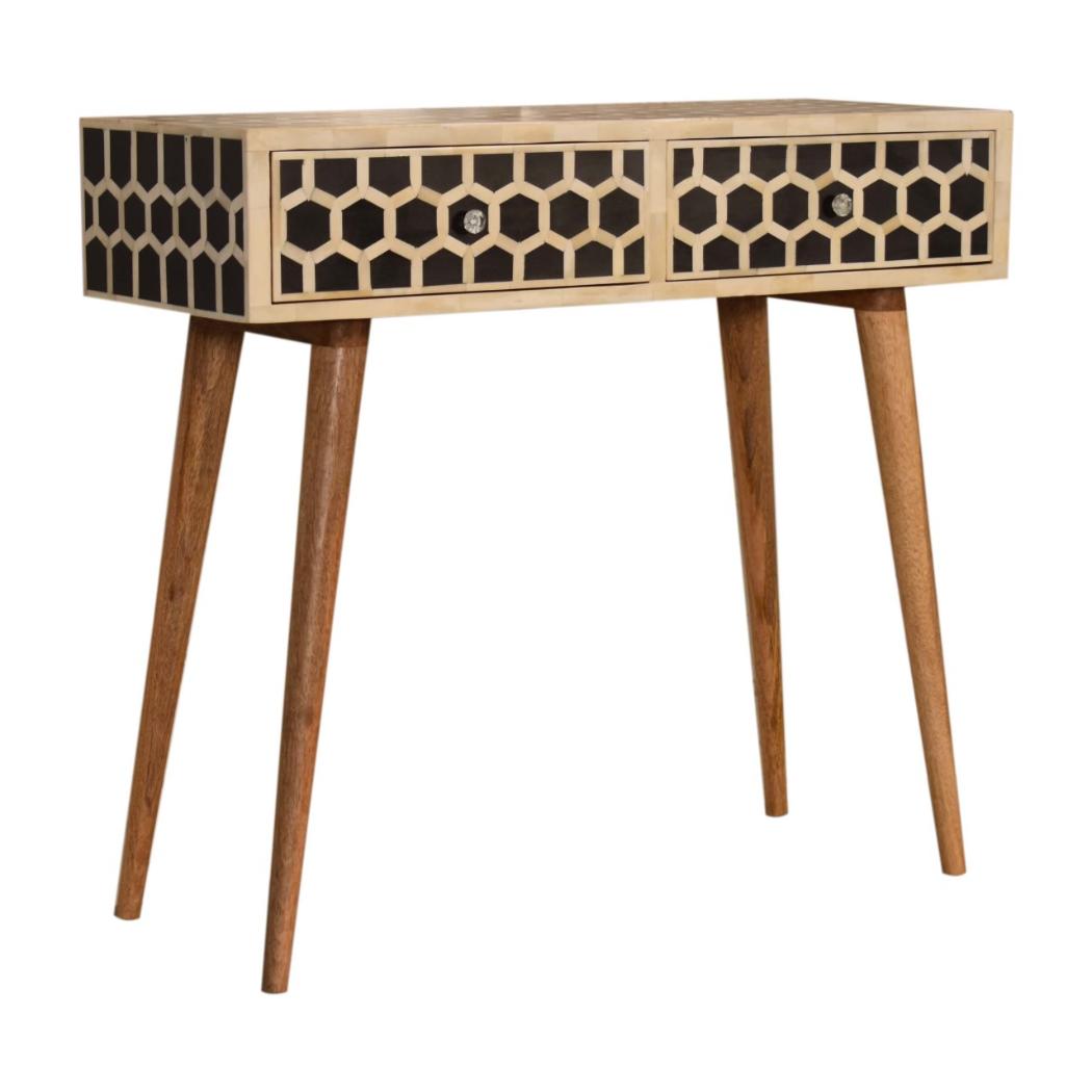 Honeycomb Bone Inlay Console Table | Solid Mango Wood | Black & Ivory Finish | 2 Drawers