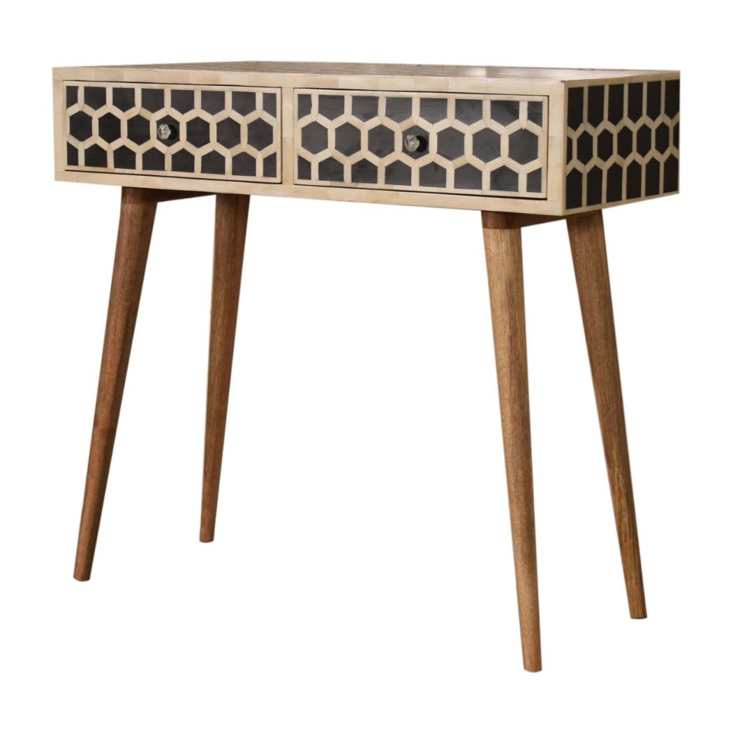 Honeycomb Bone Inlay Console Table | Solid Mango Wood | Black & Ivory Finish | 2 Drawers