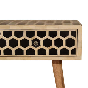 Honeycomb Bone Inlay Console Table | Solid Mango Wood | Black & Ivory Finish | 2 Drawers