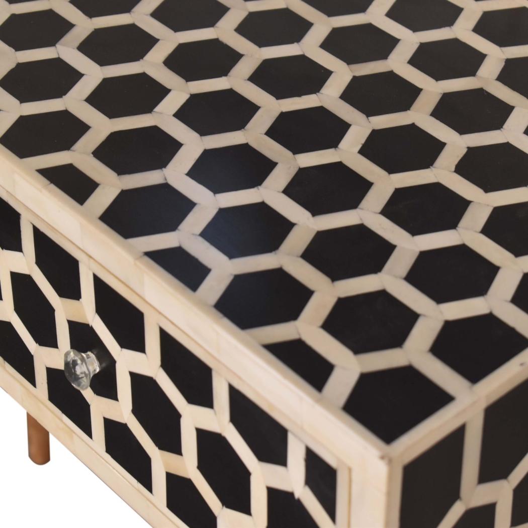 Honeycomb Bone Inlay Console Table | Solid Mango Wood | Black & Ivory Finish | 2 Drawers