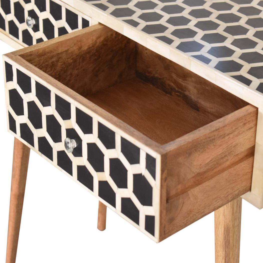 Honeycomb Bone Inlay Console Table | Solid Mango Wood | Black & Ivory Finish | 2 Drawers
