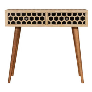 Honeycomb Bone Inlay Console Table | Solid Mango Wood | Black & Ivory Finish | 2 Drawers