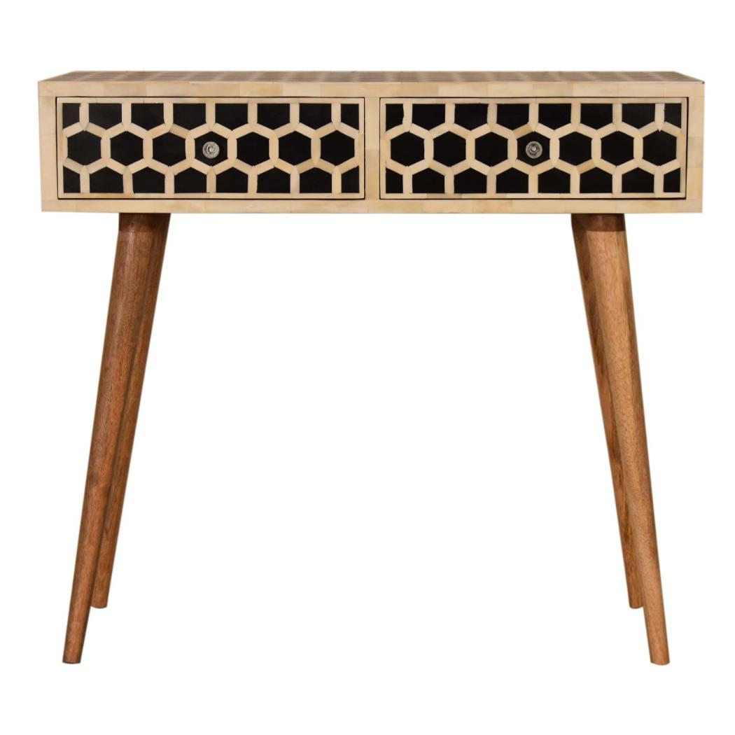 Honeycomb Bone Inlay Console Table | Solid Mango Wood | Black & Ivory Finish | 2 Drawers