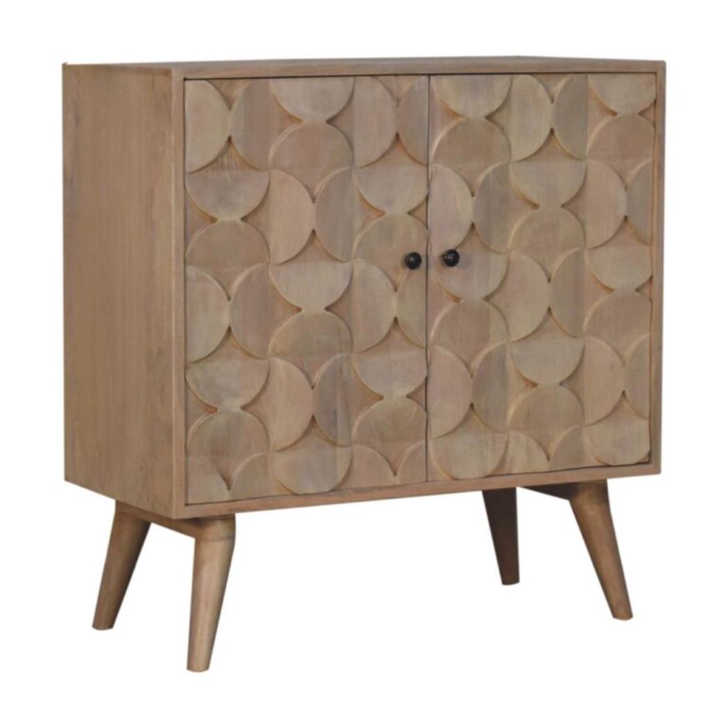 Hourglass Carved Cabinet | Solid Mango Wood | Marble Finish | 2 Door Storage Cabinet