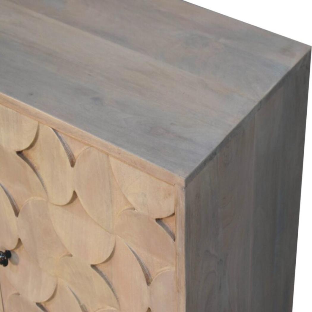 Hourglass Carved Cabinet | Solid Mango Wood | Marble Finish | 2 Door Storage Cabinet