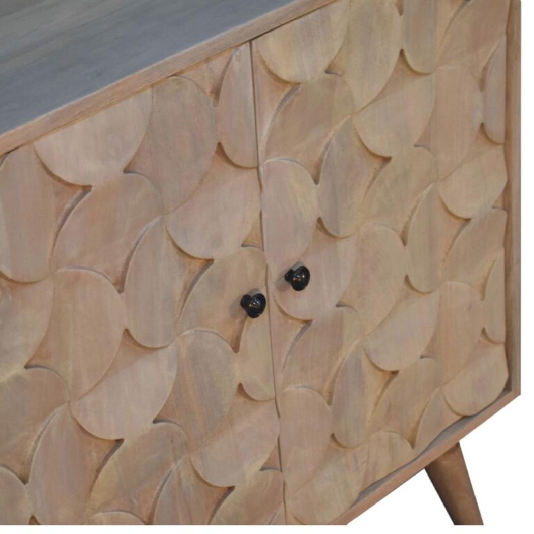 Hourglass Carved Cabinet | Solid Mango Wood | Marble Finish | 2 Door Storage Cabinet